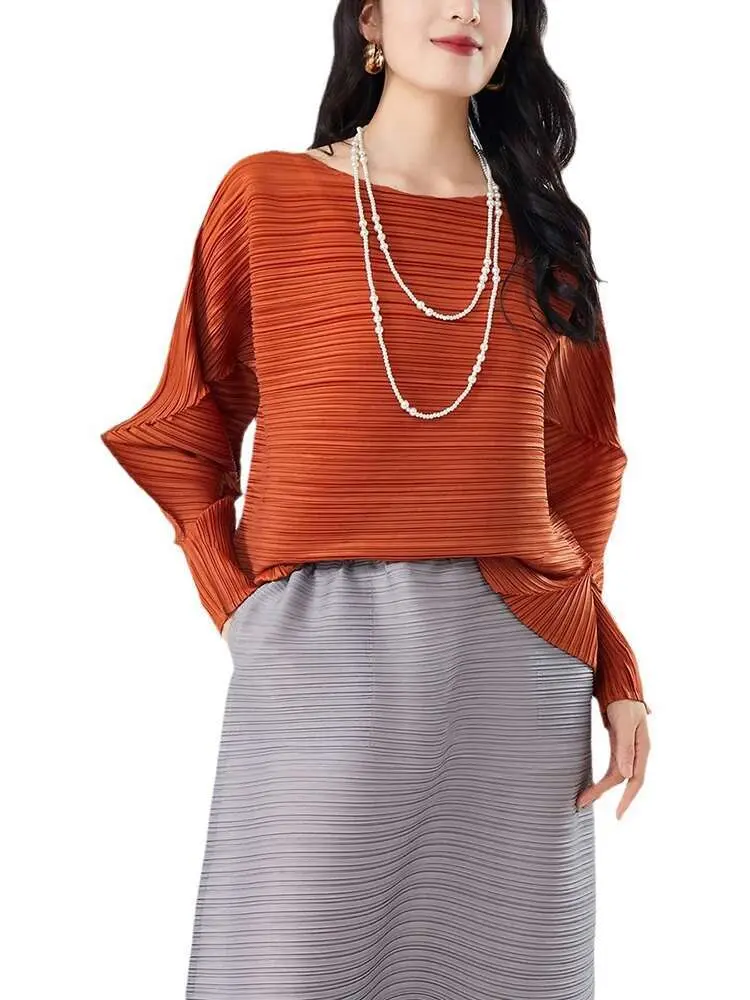 LANMREM Casual Pleated T-shirt For Women O-neck Batwing Sleeves Solid Color Women's Tops 2025 Spring New Clothing 2Z2601
