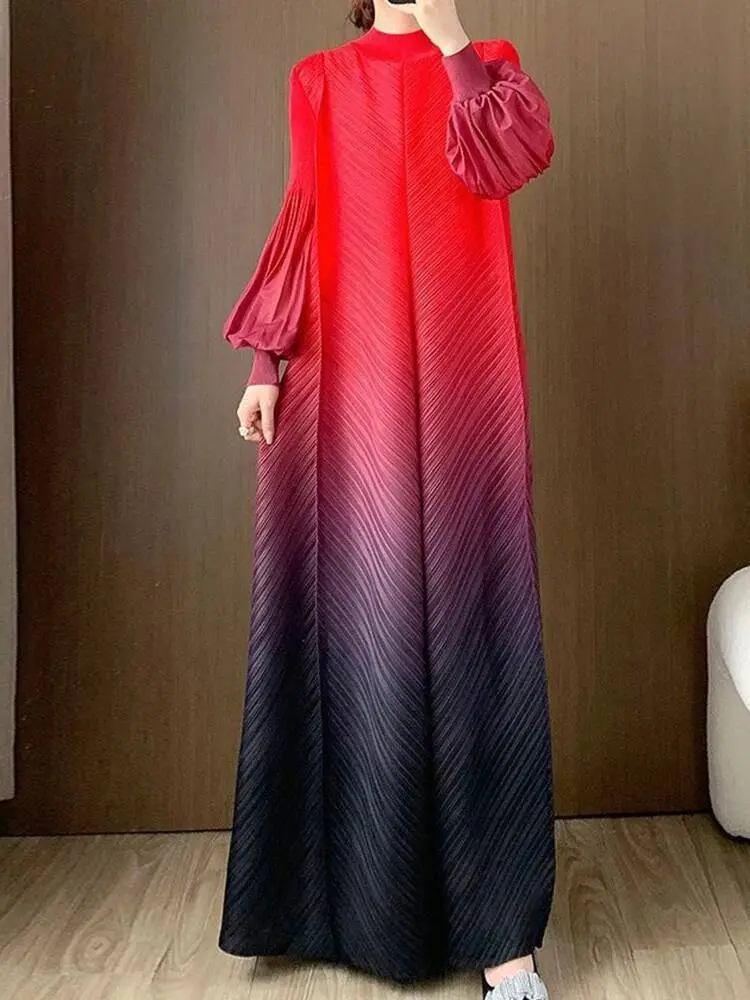 LANMREM Niche Gradient Colorblock Design Pleasted Women's Dress 2025 New Loose Chic Long Sleeve Temperament Long Dresses 2DB3396