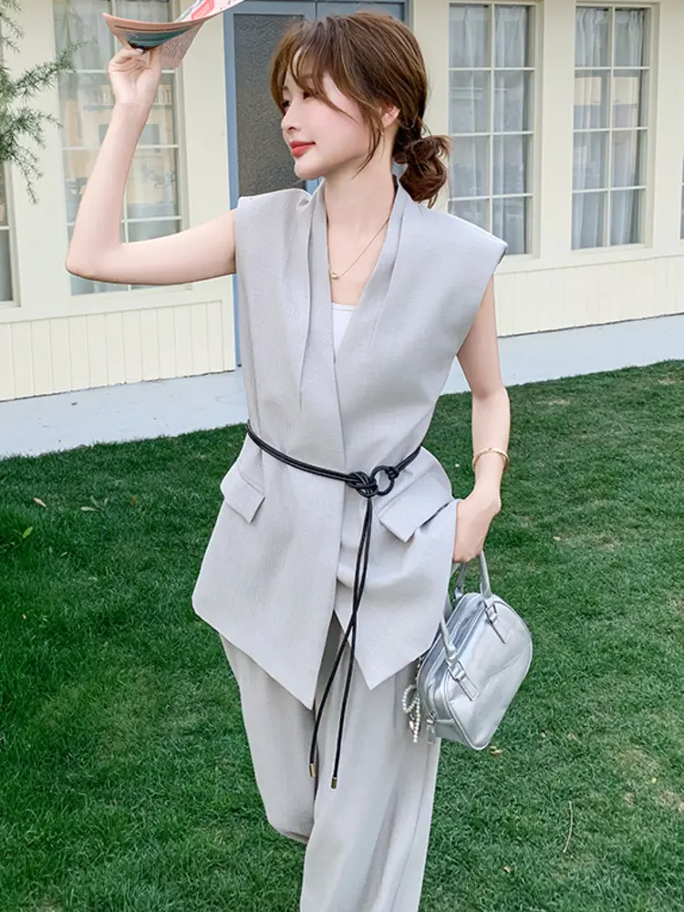 LANMREM V-neck Sleeveless Belted Blazer Coat With  Wide-leg Long Pants Office Lady Fashion 2 Pieces Sets 2025 Summer New 2DM1007