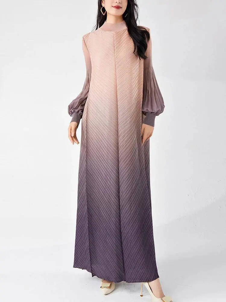 LANMREM Niche Gradient Colorblock Design Pleasted Women's Dress 2025 New Loose Chic Long Sleeve Temperament Long Dresses 2DB3396