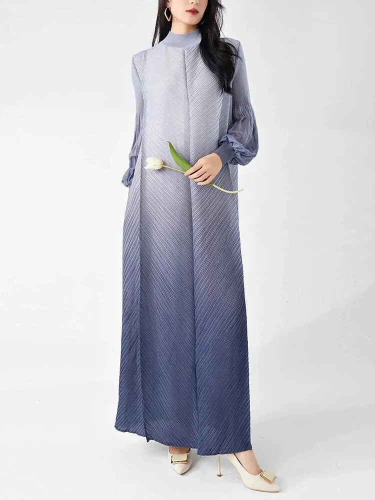 LANMREM Niche Gradient Colorblock Design Pleasted Women's Dress 2025 New Loose Chic Long Sleeve Temperament Long Dresses 2DB3396