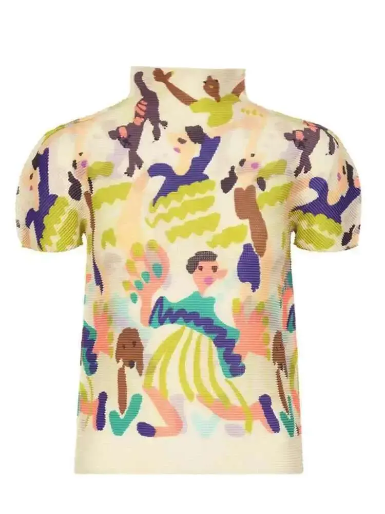 LANMREM Cartoon Pleated T-shirt For Women 2024 New Turtleneck Short Sleeves Printing Slim Shirt Female Trendy Clothing 2DB1114
