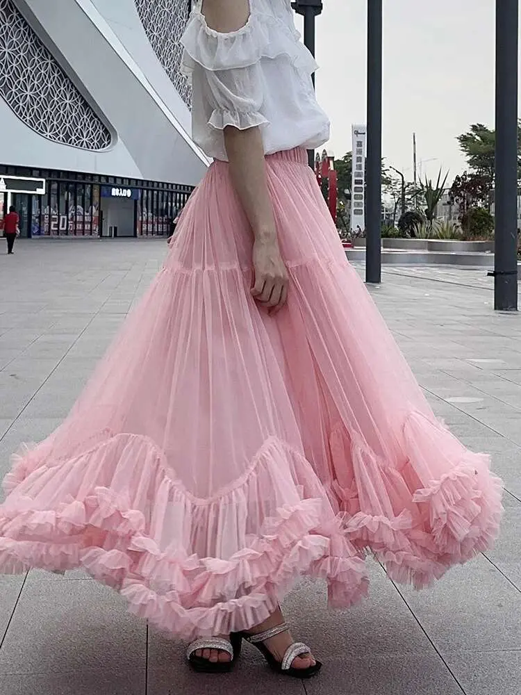 LANMREM Women A-line Mesh Skirt Casual Elastic High Waist Fungus Patchwork Skirts Fashion 2025 Spring New Clothing 2AA1365