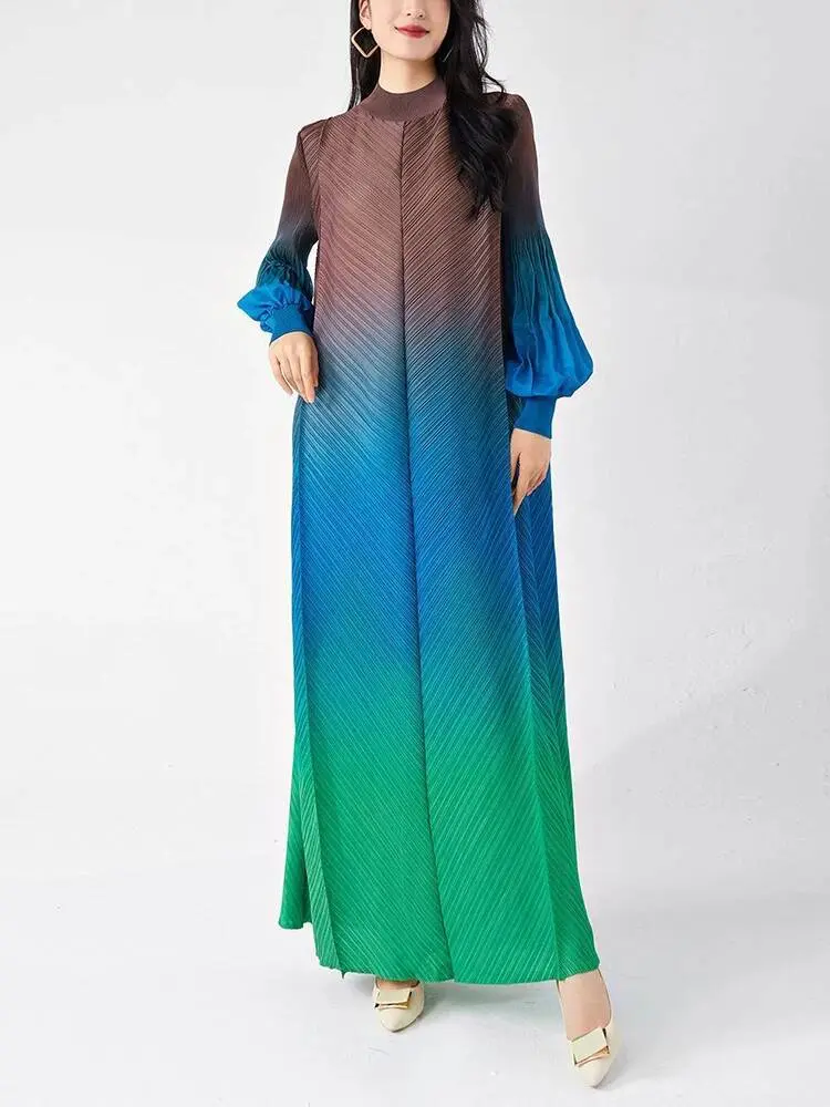 LANMREM Niche Gradient Colorblock Design Pleasted Women's Dress 2025 New Loose Chic Long Sleeve Temperament Long Dresses 2DB3396