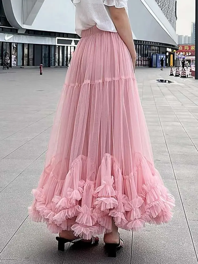 LANMREM Women A-line Mesh Skirt Casual Elastic High Waist Fungus Patchwork Skirts Fashion 2025 Spring New Clothing 2AA1365