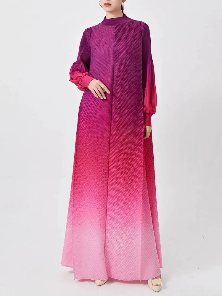 LANMREM Niche Gradient Colorblock Design Pleasted Women's Dress 2025 New Loose Chic Long Sleeve Temperament Long Dresses 2DB3396