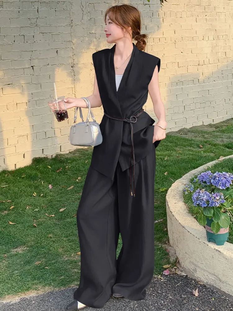 LANMREM V-neck Sleeveless Belted Blazer Coat With  Wide-leg Long Pants Office Lady Fashion 2 Pieces Sets 2025 Summer New 2DM1007