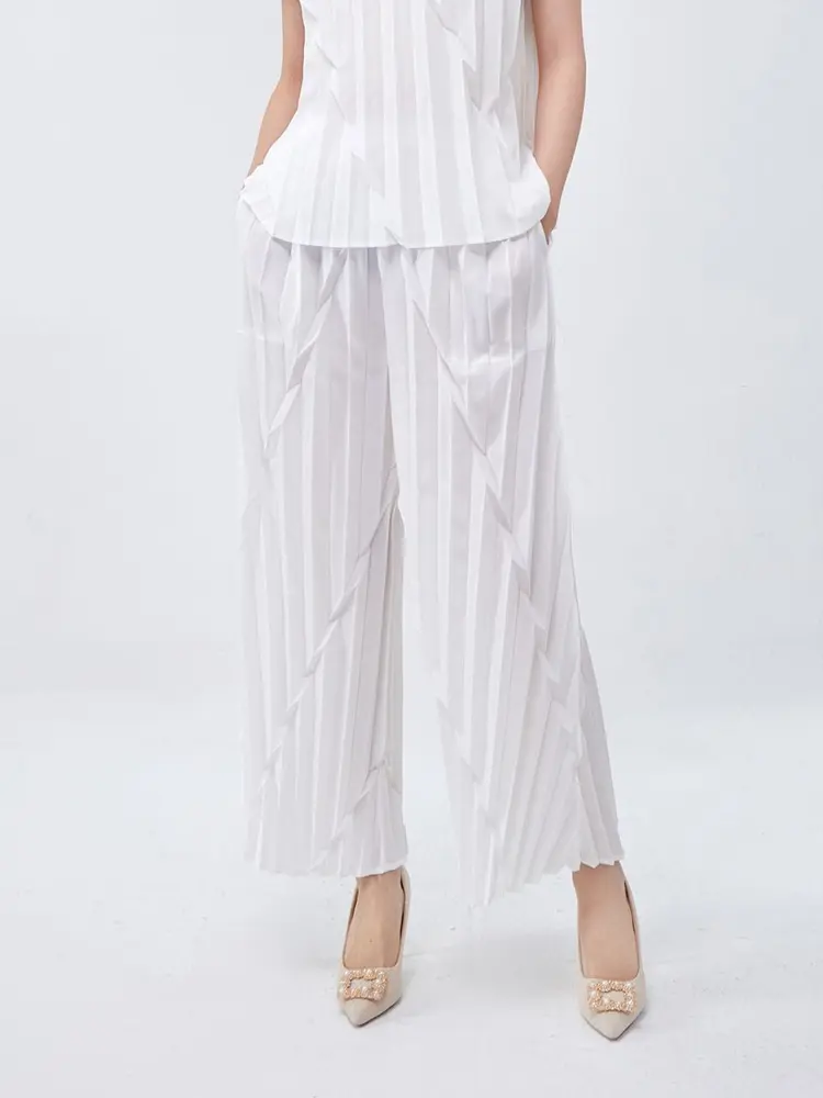 LANMREM Pleated Straight Leg Pants For Women 2025 Summer New Elastic Loose Wide Leg Ankle-length Pants Chic Trousers 2DB3412