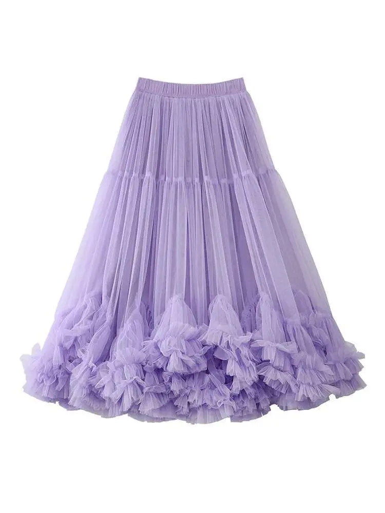 LANMREM Women A-line Mesh Skirt Casual Elastic High Waist Fungus Patchwork Skirts Fashion 2025 Spring New Clothing 2AA1365