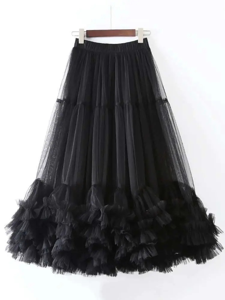 LANMREM Women A-line Mesh Skirt Casual Elastic High Waist Fungus Patchwork Skirts Fashion 2025 Spring New Clothing 2AA1365