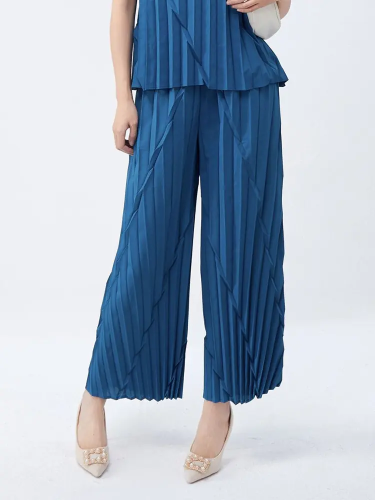 LANMREM Pleated Straight Leg Pants For Women 2025 Summer New Elastic Loose Wide Leg Ankle-length Pants Chic Trousers 2DB3412