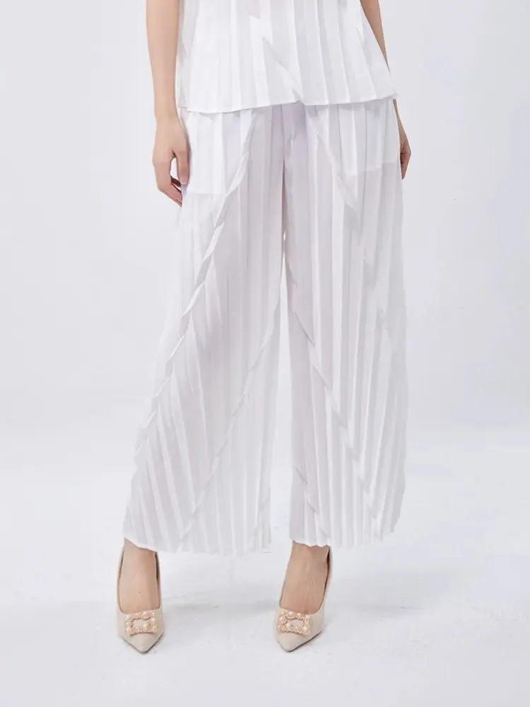 LANMREM Pleated Straight Leg Pants For Women 2025 Summer New Elastic Loose Wide Leg Ankle-length Pants Chic Trousers 2DB3412