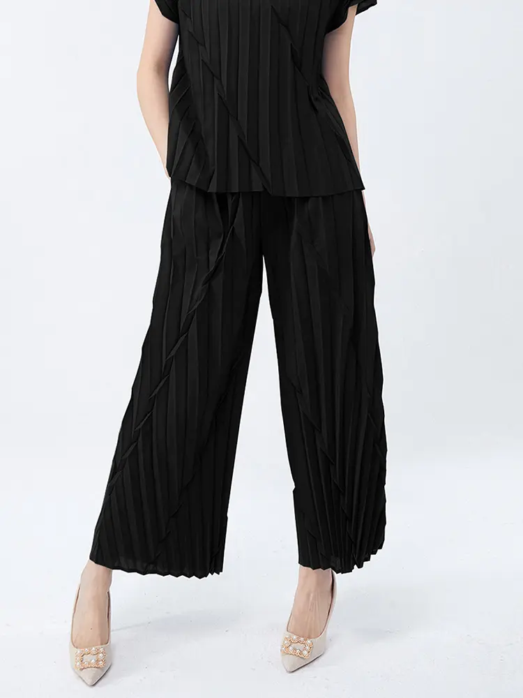 LANMREM Pleated Straight Leg Pants For Women 2025 Summer New Elastic Loose Wide Leg Ankle-length Pants Chic Trousers 2DB3412
