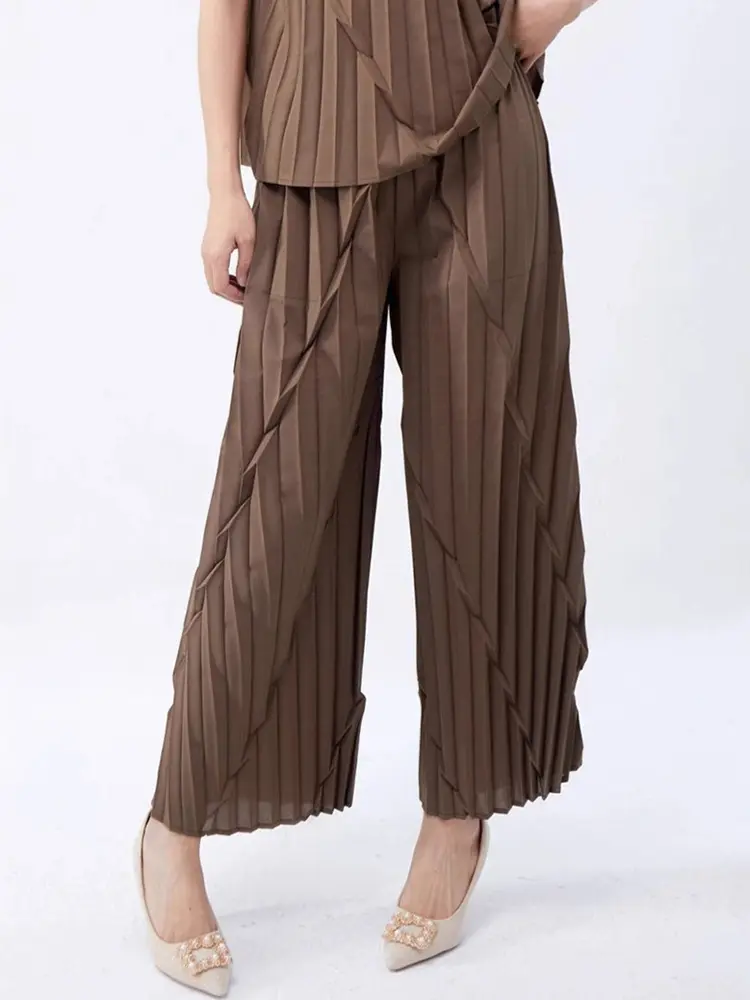 LANMREM Pleated Straight Leg Pants For Women 2025 Summer New Elastic Loose Wide Leg Ankle-length Pants Chic Trousers 2DB3412