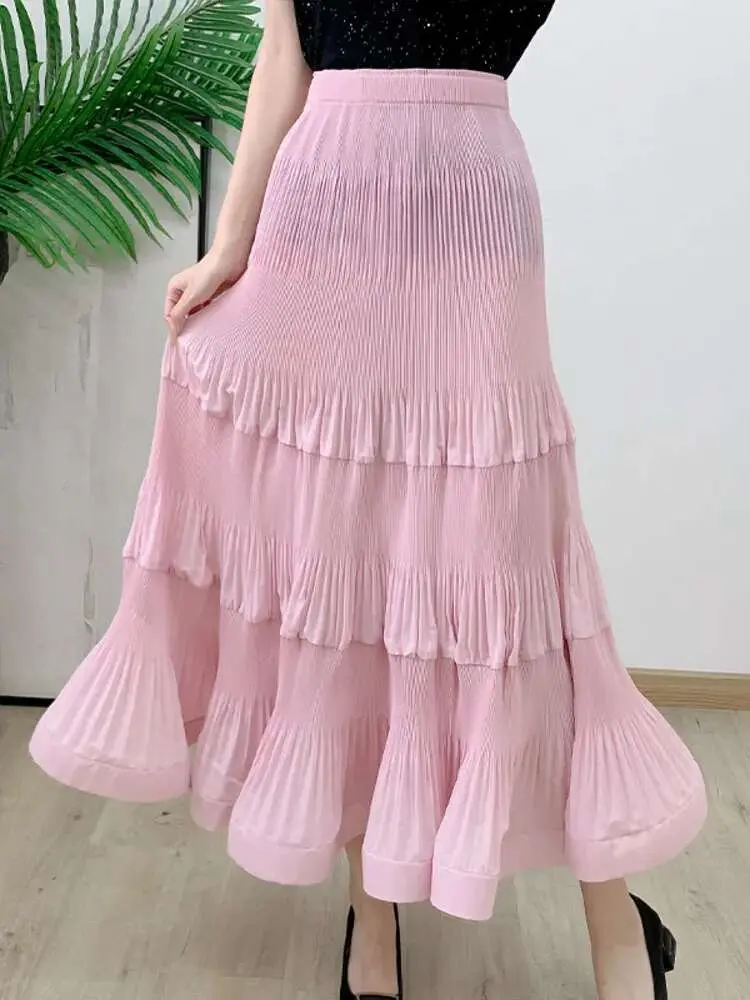 LANMREM Ruffles Skirts For Women High Elastic Waist Solid Color Long Length Female Party Clothing 2024 Summer New 2DA8404