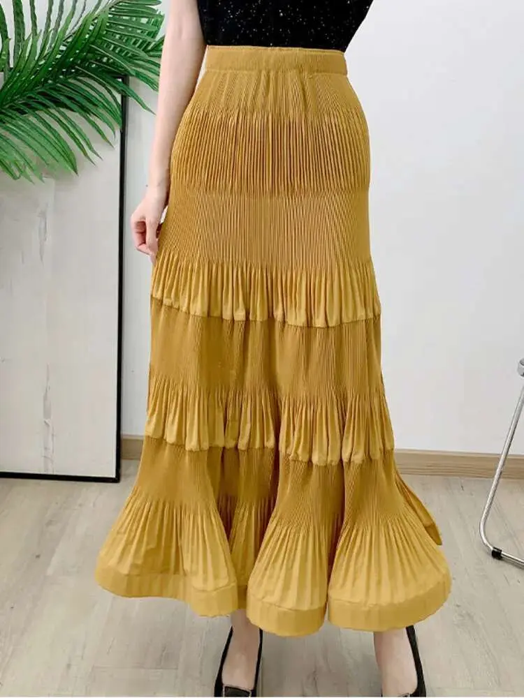 LANMREM Ruffles Skirts For Women High Elastic Waist Solid Color Long Length Female Party Clothing 2024 Summer New 2DA8404