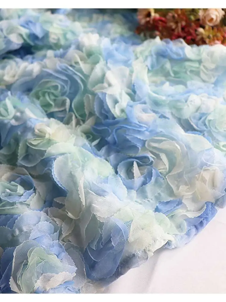 LANMREM Summer New 3D Blue Rose Blossoms Mesh Spliced Skirt 2025 Tide High Waist Mid-calf Blue Skirts Chic Bottoms 2DE705