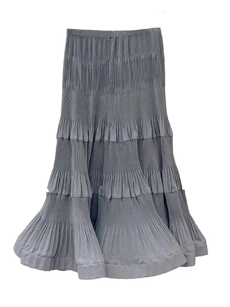 LANMREM Ruffles Skirts For Women High Elastic Waist Solid Color Long Length Female Party Clothing 2024 Summer New 2DA8404