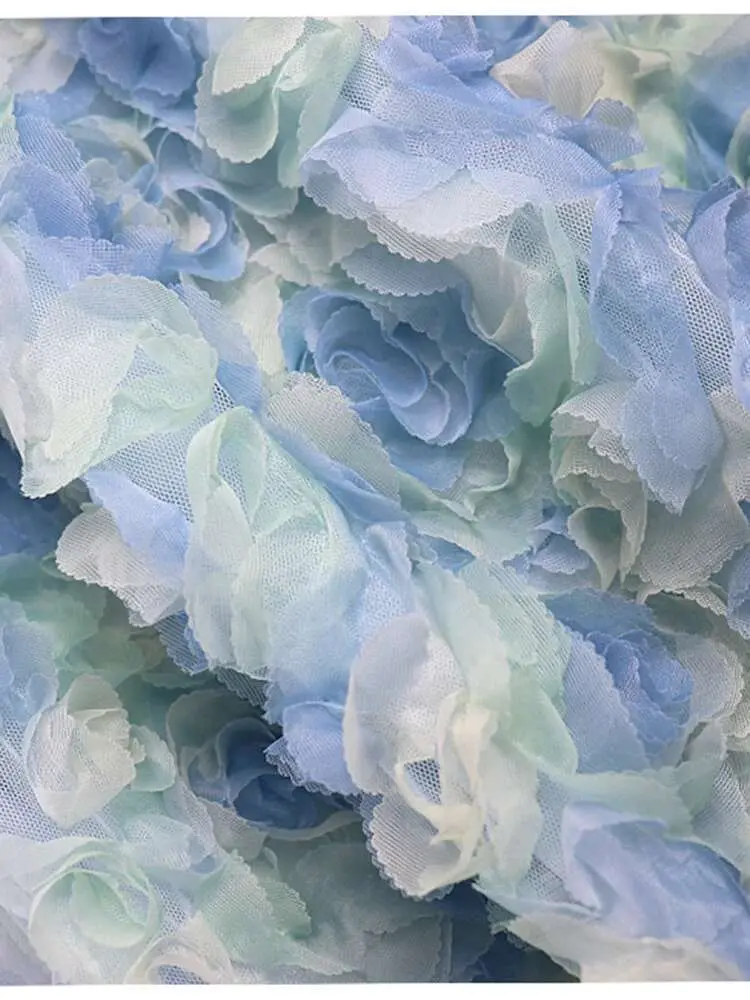 LANMREM Summer New 3D Blue Rose Blossoms Mesh Spliced Skirt 2025 Tide High Waist Mid-calf Blue Skirts Chic Bottoms 2DE705
