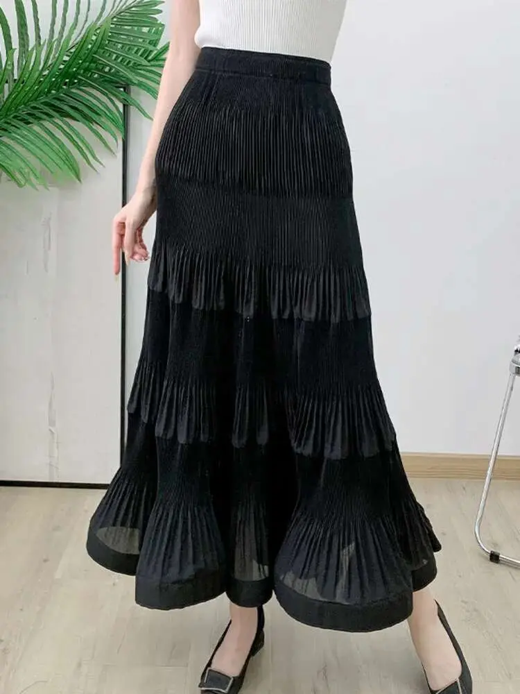 LANMREM Ruffles Skirts For Women High Elastic Waist Solid Color Long Length Female Party Clothing 2024 Summer New 2DA8404