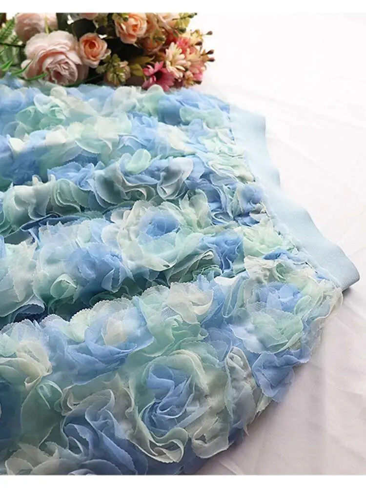 LANMREM Summer New 3D Blue Rose Blossoms Mesh Spliced Skirt 2025 Tide High Waist Mid-calf Blue Skirts Chic Bottoms 2DE705