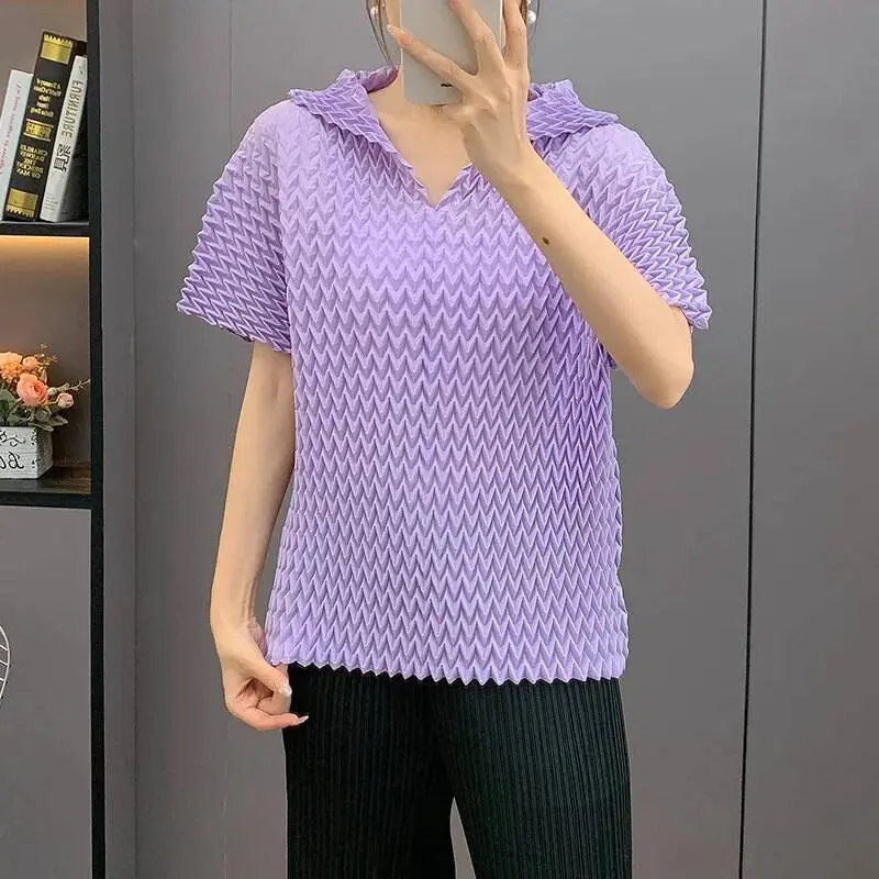 LANMREM 2025 new light blue Pleated women's t-shirt summer Loose Turn-down Collar short sleeve pullover tee chic top 2DB3618