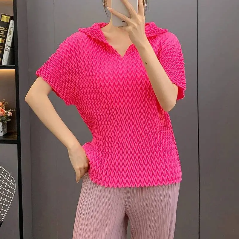 LANMREM 2025 new light blue Pleated women's t-shirt summer Loose Turn-down Collar short sleeve pullover tee chic top 2DB3618