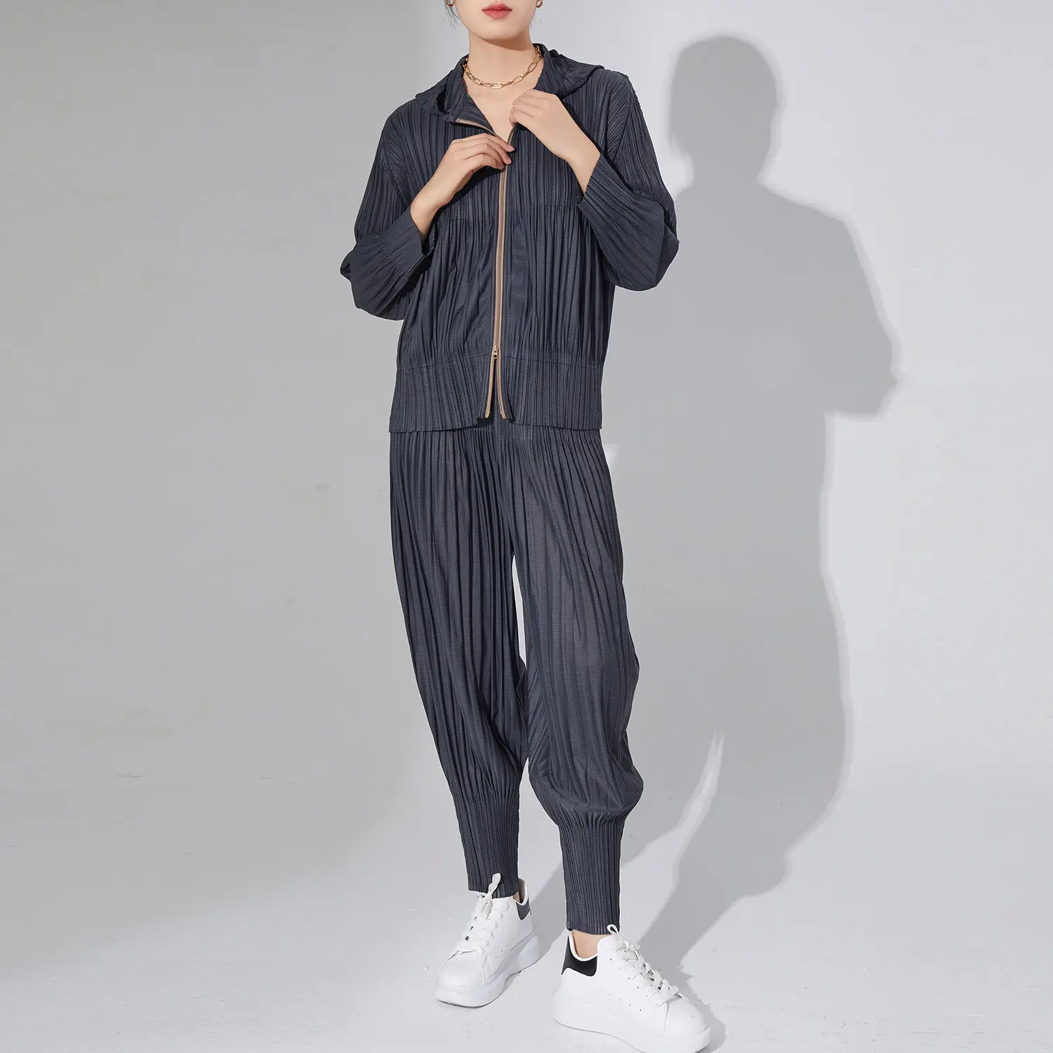 LANMREM High Quality Pleated Pants Sets Sports Casual Women's Hooded Jacket And Loose Pencil Pants Two-piece Set 2DB2614