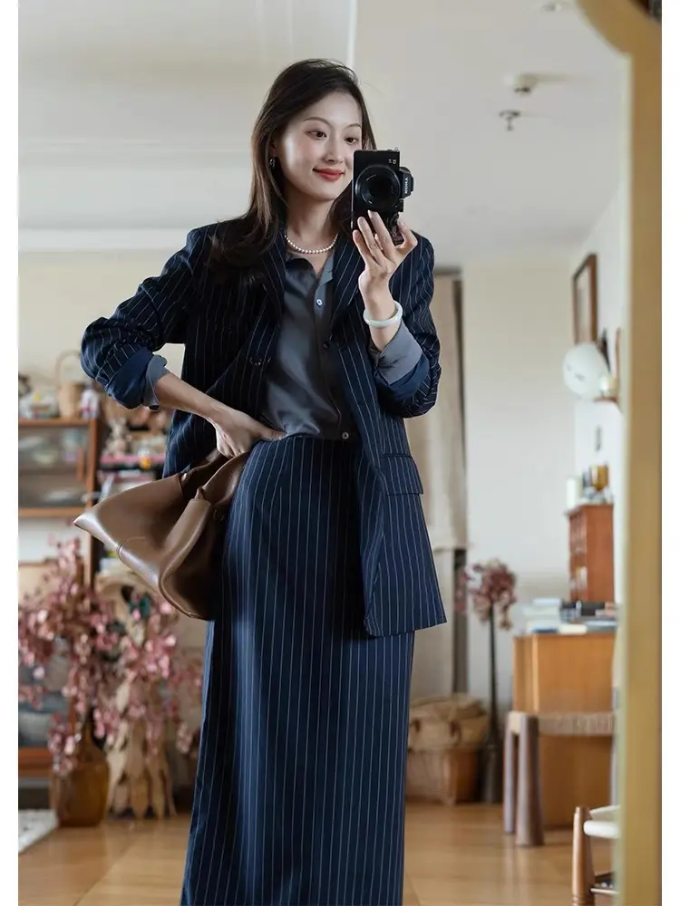 LANMREM Striped Suit Set For Women Notched Collar Single Breasted Blazer With A Line Skirt Office Lady Fashion Clothes 2DM0001