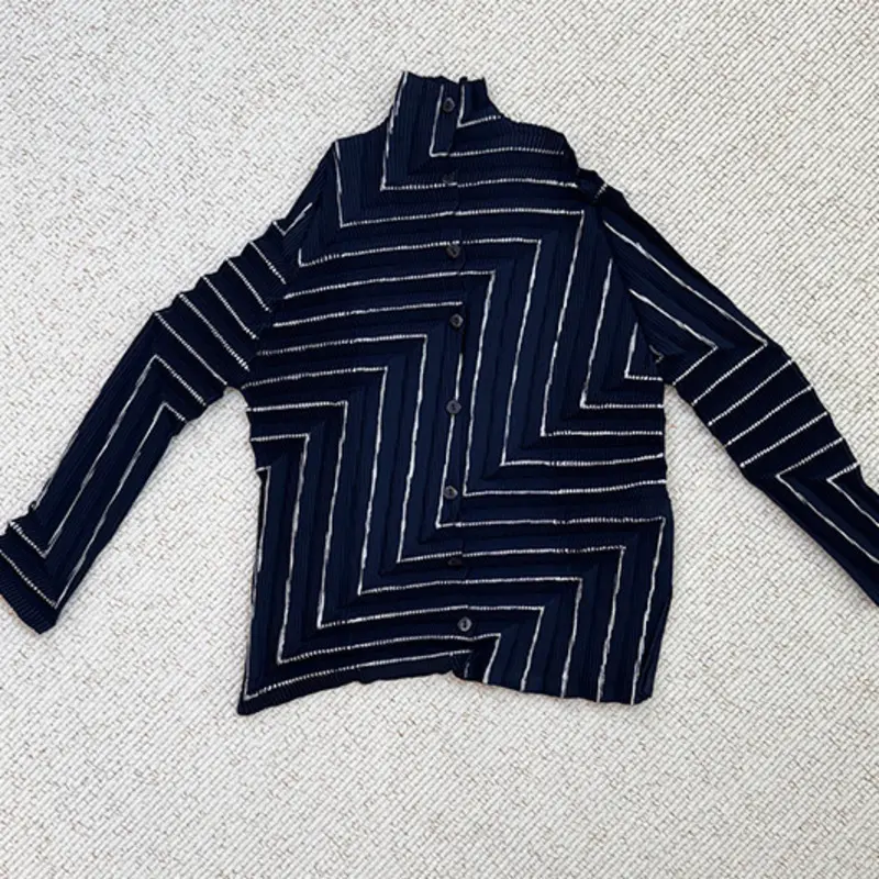 LANMREM Striped Pleated Women's Shirt Fashion Turn Down Collar Long Sleeve Casual Elastic Black Blouse Tops 2025 New 2DB3667