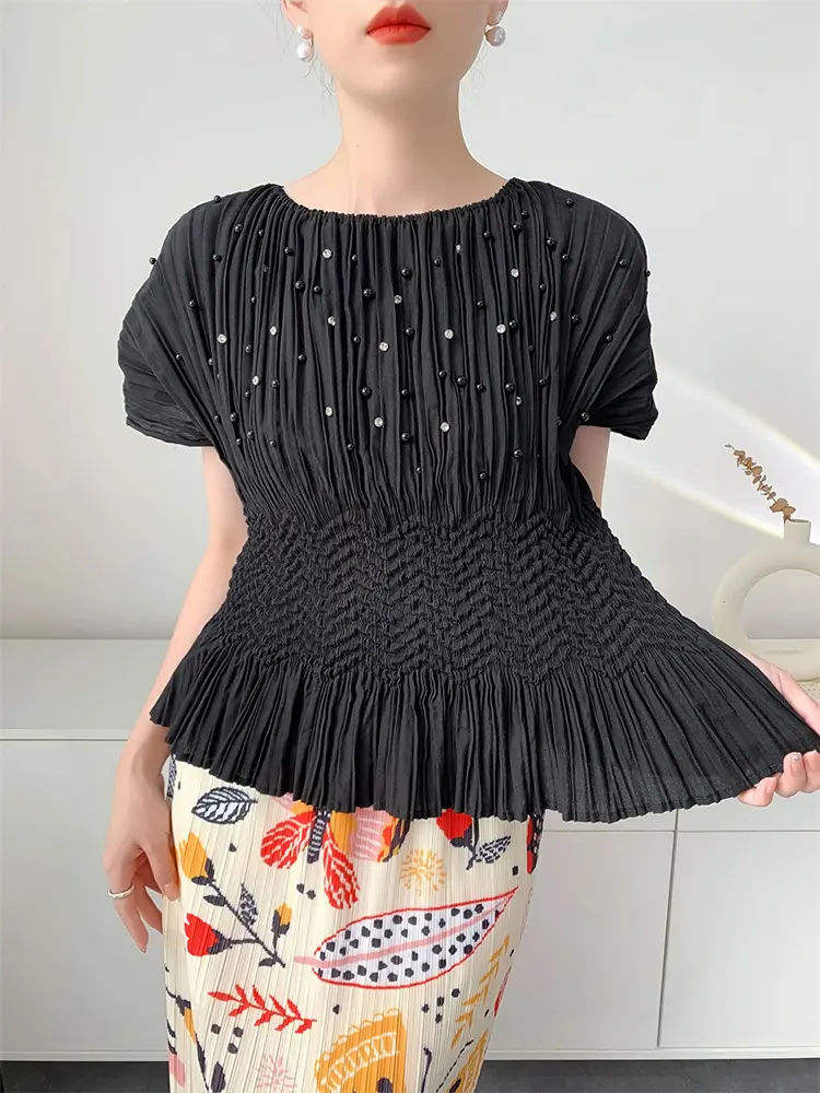 LANMREM Summer Bawting Sleeve Pleated Top For Women Casual Nail Bead Elastic Slim T-shirt Round Neck Short Sleeve Tee 2DB3367