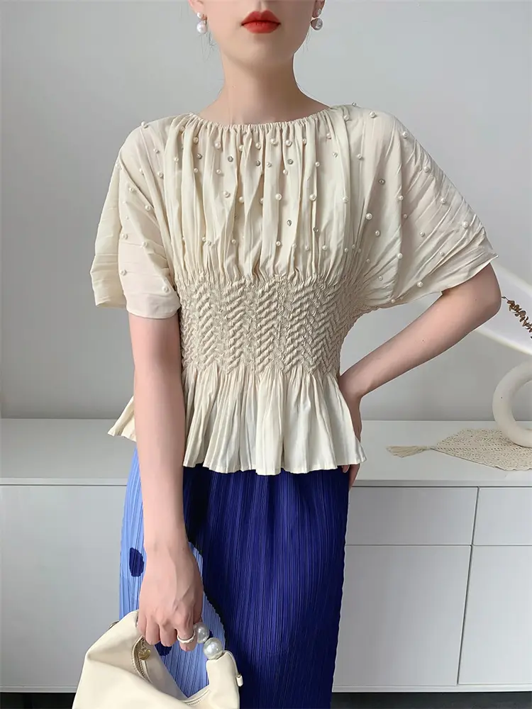 LANMREM Summer Bawting Sleeve Pleated Top For Women Casual Nail Bead Elastic Slim T-shirt Round Neck Short Sleeve Tee 2DB3367