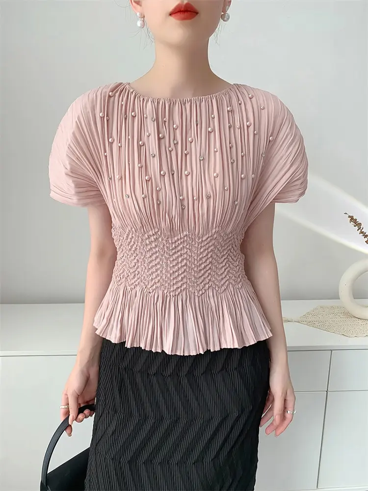 LANMREM Summer Bawting Sleeve Pleated Top For Women Casual Nail Bead Elastic Slim T-shirt Round Neck Short Sleeve Tee 2DB3367