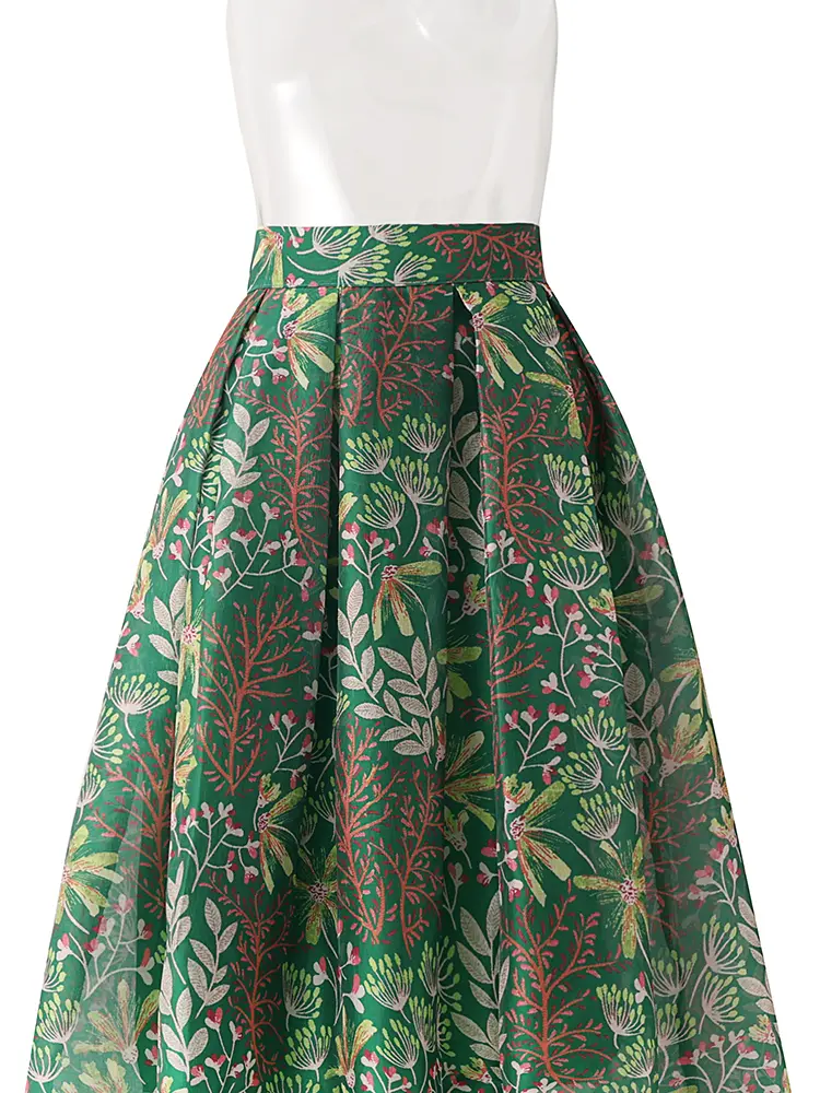 LANMREM Summer Green Printed Half Length Skirt Women's Folded Puff Skirts Temperament High Waist Bottoms Famale Clothing 2DB3406