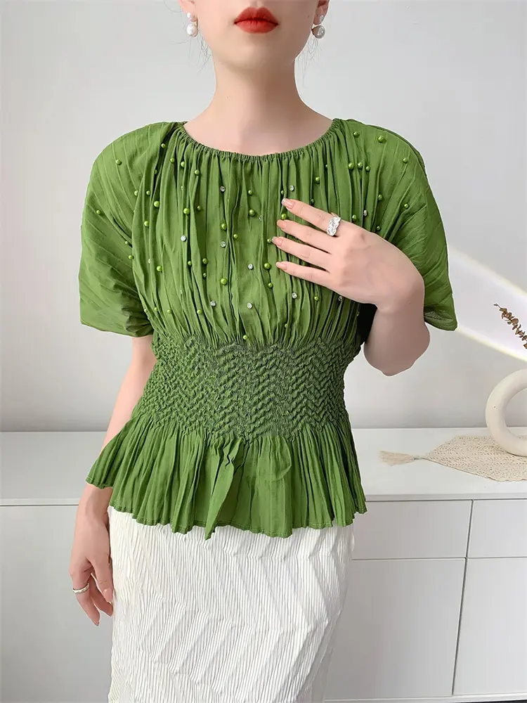 LANMREM Summer Bawting Sleeve Pleated Top For Women Casual Nail Bead Elastic Slim T-shirt Round Neck Short Sleeve Tee 2DB3367