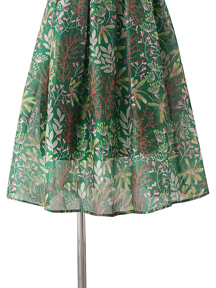LANMREM Summer Green Printed Half Length Skirt Women's Folded Puff Skirts Temperament High Waist Bottoms Famale Clothing 2DB3406