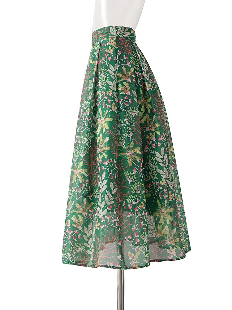 LANMREM Summer Green Printed Half Length Skirt Women's Folded Puff Skirts Temperament High Waist Bottoms Famale Clothing 2DB3406