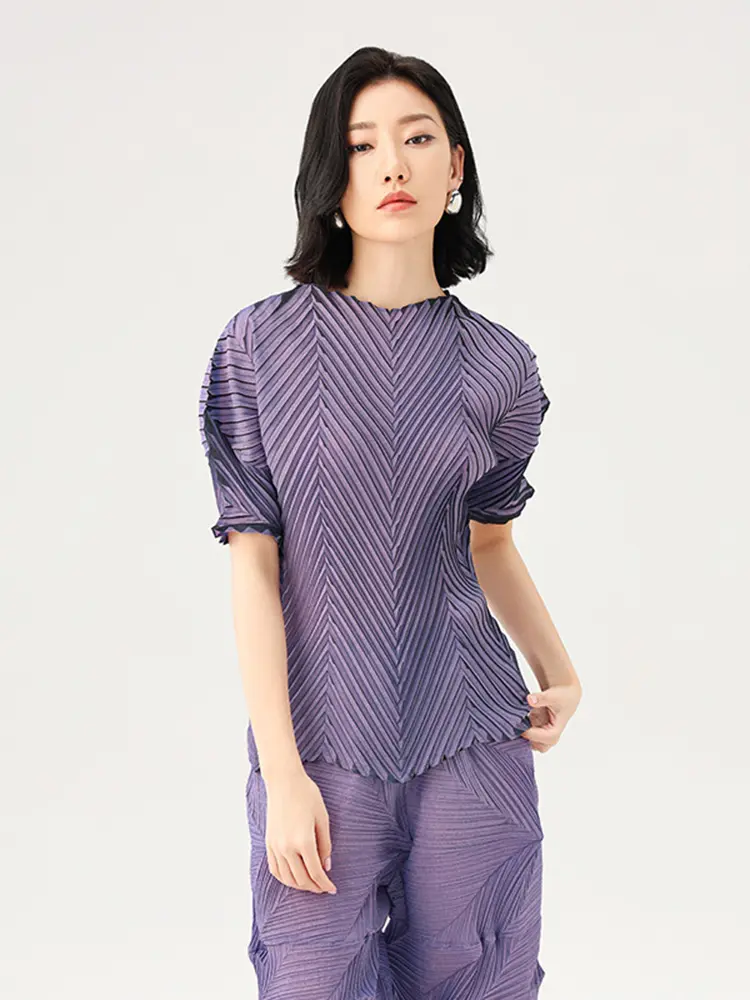 LANMREM Pleated 2025 Summer New Dopamine Outfit Half Sleeve T-shirts For Women Slimming Temperament Purple Loose Tops 2DB2835
