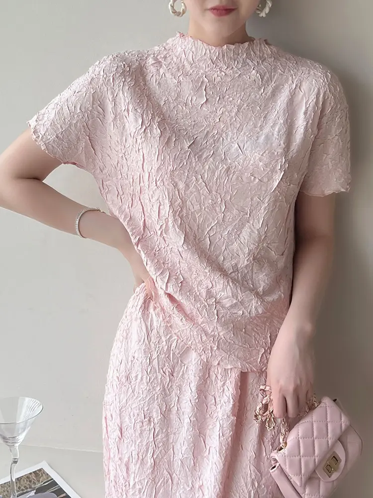 LANMREM High Quality Summer High End Handmade Wrinkle Pleated Women's T-shirts Soft Fabric Elastic Slimming Casual Top 2DB3457