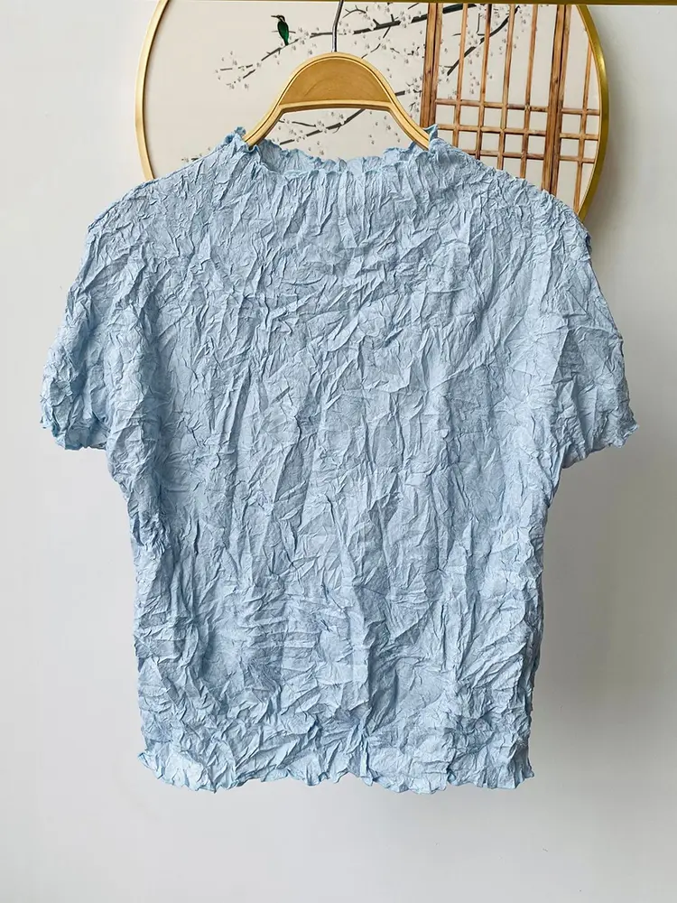 LANMREM High Quality Summer High End Handmade Wrinkle Pleated Women's T-shirts Soft Fabric Elastic Slimming Casual Top 2DB3457