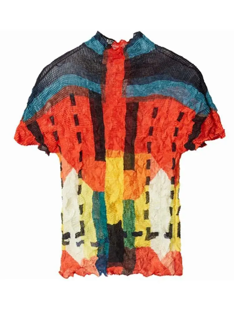 LANMREM Slim Pleated T-shirt For Women Turtleneck Short Sleeves Printing Color Block Thin Shirts 2024 New Female Clothes 2DB1113