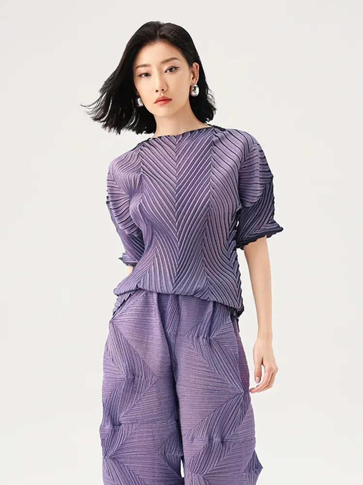 LANMREM Pleated 2025 Summer New Dopamine Outfit Half Sleeve T-shirts For Women Slimming Temperament Purple Loose Tops 2DB2835