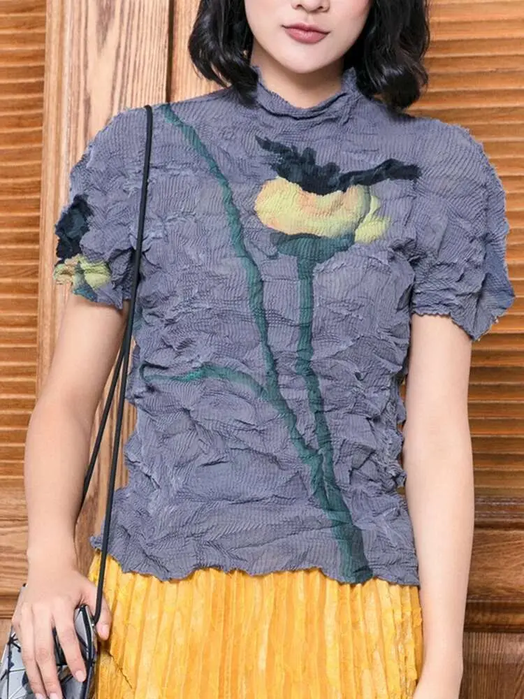 LANMREM Slim Pleated T-shirt For Women Turtleneck Short Sleeves Printing Color Block Thin Shirts 2024 New Female Clothes 2DB1113