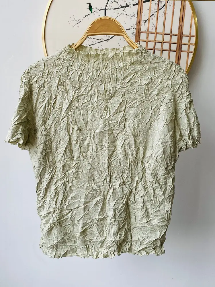 LANMREM High Quality Summer High End Handmade Wrinkle Pleated Women's T-shirts Soft Fabric Elastic Slimming Casual Top 2DB3457