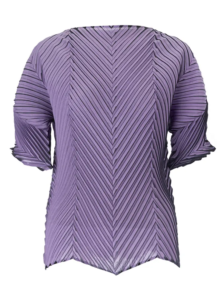LANMREM Pleated 2025 Summer New Dopamine Outfit Half Sleeve T-shirts For Women Slimming Temperament Purple Loose Tops 2DB2835