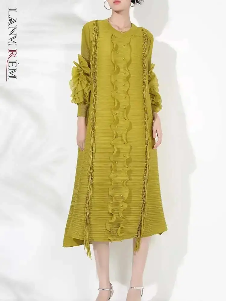 LANMREM Pleated Dress For Women V Neck Long Sleeves Solid Color Loose Big Size Female Elegant Clothing 2025 Spring New 2DB1281