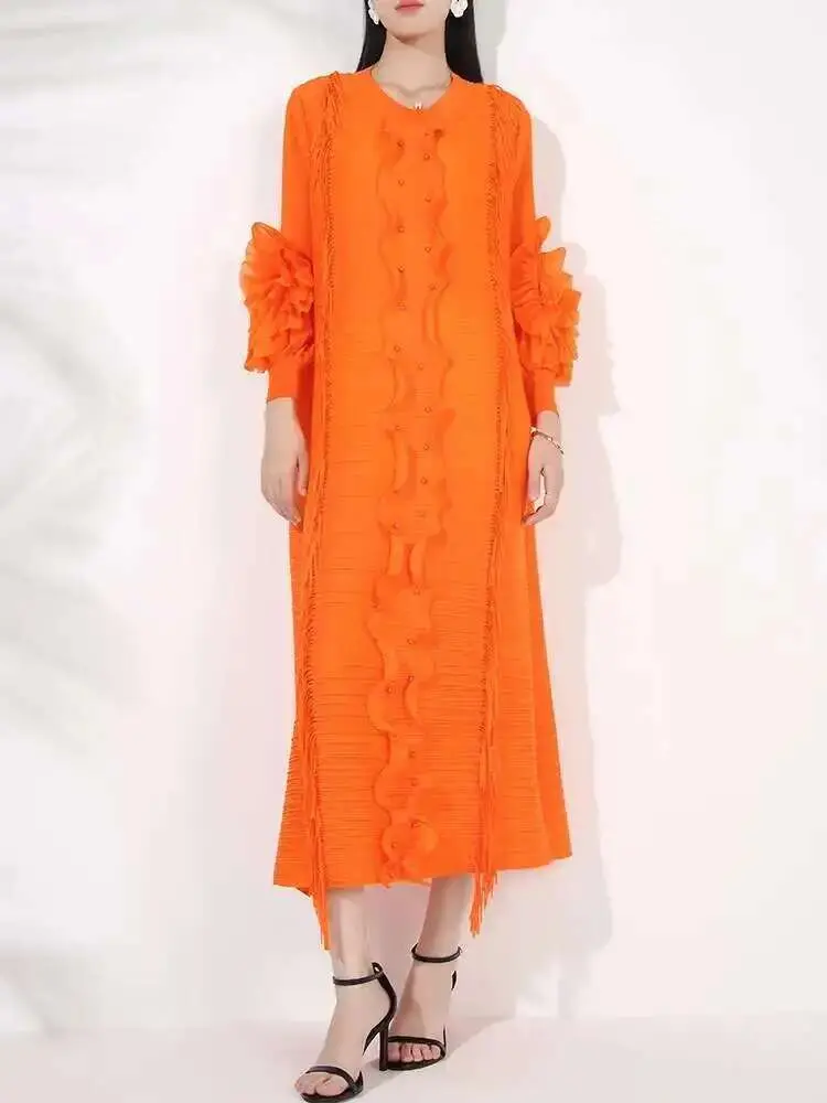 LANMREM Pleated Dress For Women V Neck Long Sleeves Solid Color Loose Big Size Female Elegant Clothing 2025 Spring New 2DB1281
