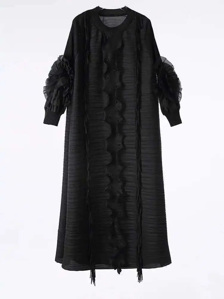 LANMREM Pleated Dress For Women V Neck Long Sleeves Solid Color Loose Big Size Female Elegant Clothing 2025 Spring New 2DB1281