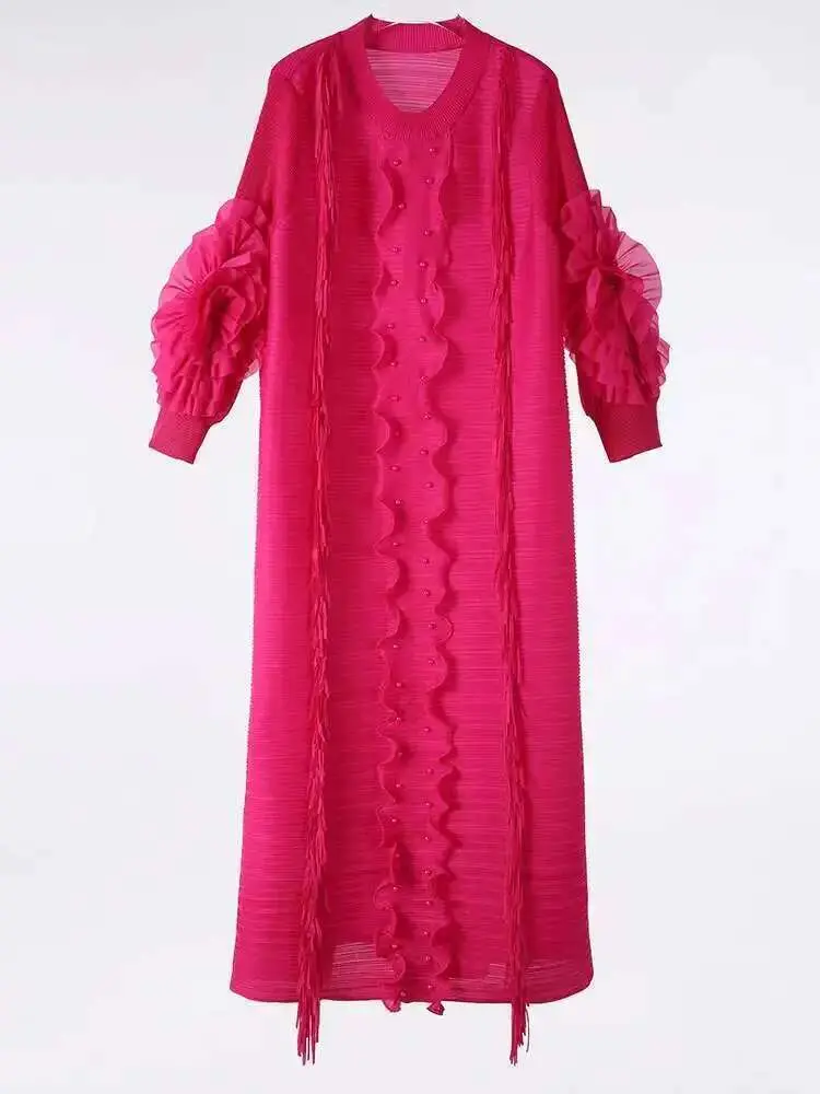 LANMREM Pleated Dress For Women V Neck Long Sleeves Solid Color Loose Big Size Female Elegant Clothing 2025 Spring New 2DB1281