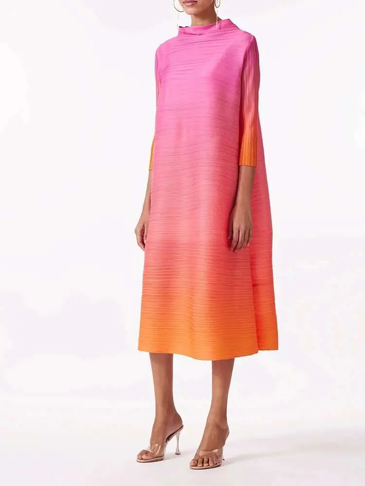 LANMREM Fashion Pleated Dress Gradient Color Women Turtleneck Long Sleeves Pink Orange Dresses Female Clothing 2024 New 2YA773b
